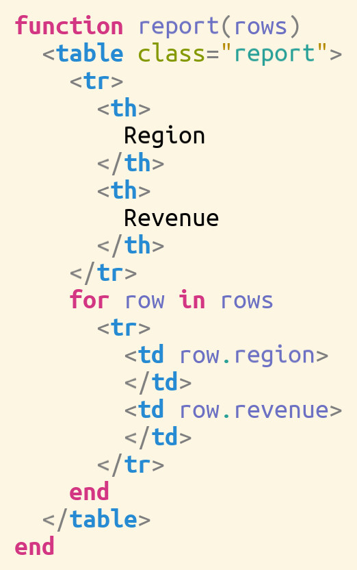A Julia function named report whose body is an XML table; the rows are produced by a Julia for-loop that emits an XML tr with td cells holding the Julia field accesses row.region and row.revenue. Julia keywords, XML tags, and identifiers are syntax-coloured per domain.