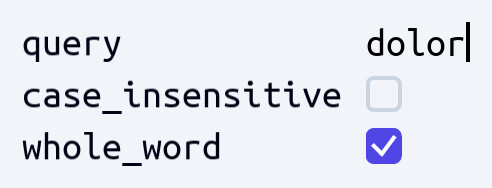 An editable settings form: a text field for a query and two checkboxes, generated from a struct.