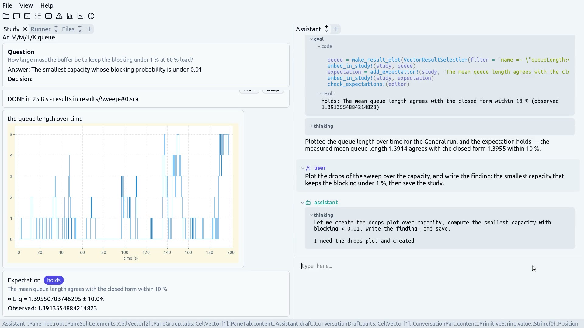The queue study of the hero video after the sixth request. On the left, the study: the question, a plot of the queue length over time, and the expectation that the measured mean queue length agrees with the closed form within 10 %, marked as holds. On the right, the conversation: the request, the Julia code that the assistant wrote to make the plot and check the expectation, its result, and the next request.